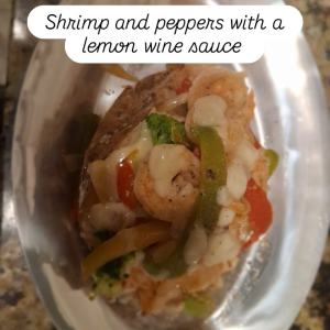 Shrimp and peppers with a lemon wine sauce